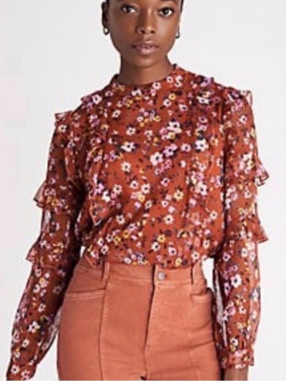 Ann Taylor Size L Rust Floral Ruffle Long-Sleeve Blouse